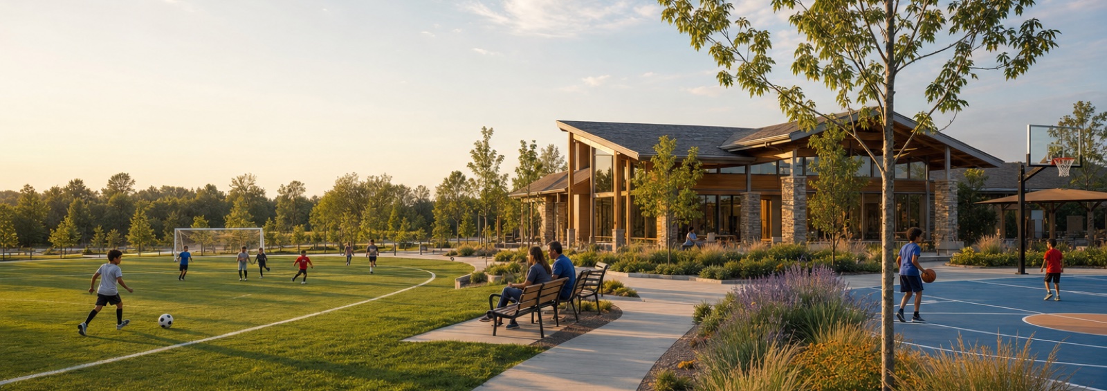 Conceptual rendering of the future Play for Autism Sports Complex with soccer fields, basketball courts, sensory-friendly outdoor spaces, and a community pavilion.